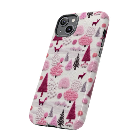 Pink Winter Woodland Aesthetic Embroidery Phone Case for iPhone, Samsung, Pixel