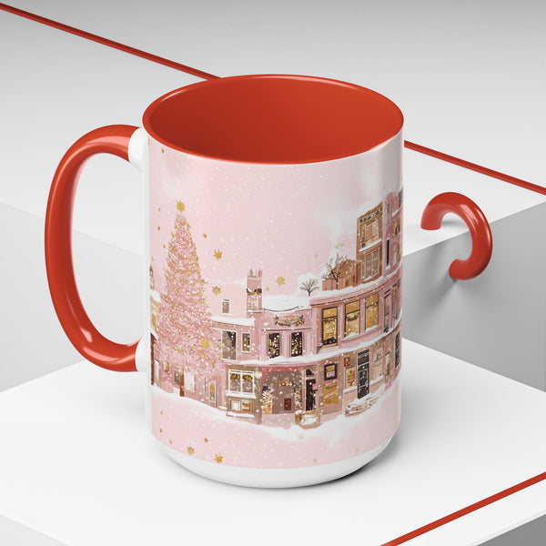 Pink Christmas Town Mug - Festive Holiday Village Art Cup for Coffee, Tea, Hot Chocolate