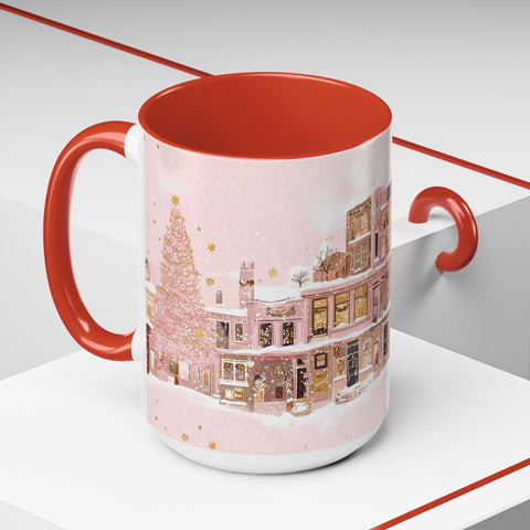 Pink Christmas Town Mug - Festive Holiday Village Art Cup for Coffee, Tea, Hot Chocolate