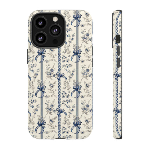 Blue Bow Phone Case - Vintage Floral Preppy Protective Phone Cover for iPhone, Samsung, Pixel