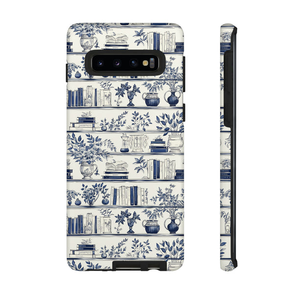Bookshelf Phone Case - Blue and White Floral Books Protective Cover for iPhone, Samsung, Pixel