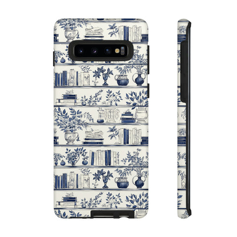 Bookshelf Phone Case - Blue and White Floral Books Protective Cover for iPhone, Samsung, Pixel
