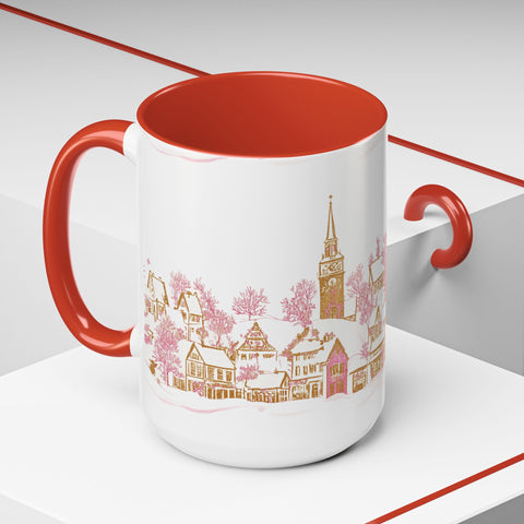 Pink Christmas Village Mug - Festive Aesthetic Holiday Cup for Coffee, Tea, Hot Cocoa