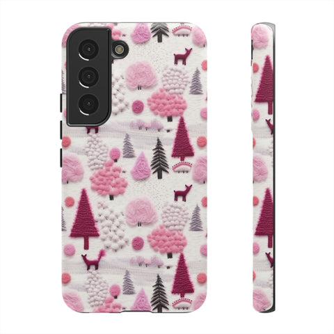 Pink Winter Woodland Aesthetic Embroidery Phone Case for iPhone, Samsung, Pixel