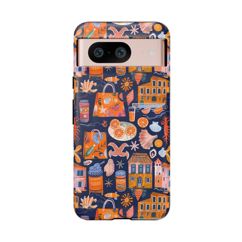 Citrus Coast Collage Phone Case - Blue Orange Trendy Coastal Art Protective Phone Cover for iPhone, Samsung, Pixel