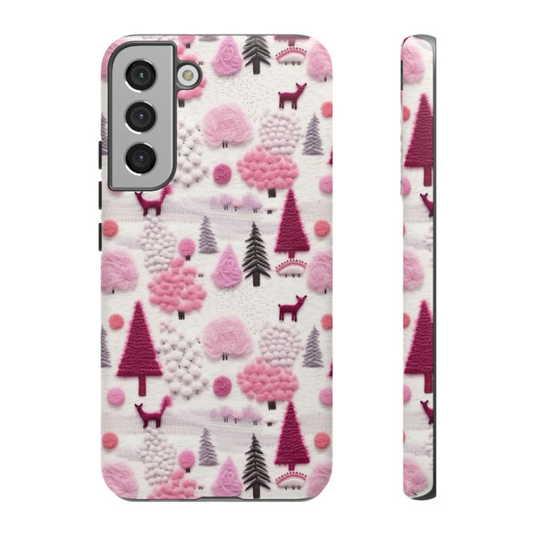 Pink Winter Woodland Aesthetic Embroidery Phone Case for iPhone, Samsung, Pixel