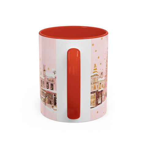 Pink Christmas Town Mug - Festive Holiday Village Art Cup for Coffee, Tea, Hot Chocolate