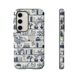 Bookshelf Phone Case - Blue and White Floral Books Protective Cover for iPhone, Samsung, Pixel