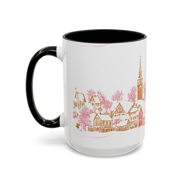 Pink Christmas Village Mug - Festive Aesthetic Holiday Cup for Coffee, Tea, Hot Cocoa