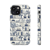 Bookshelf Phone Case - Blue and White Floral Books Protective Cover for iPhone, Samsung, Pixel