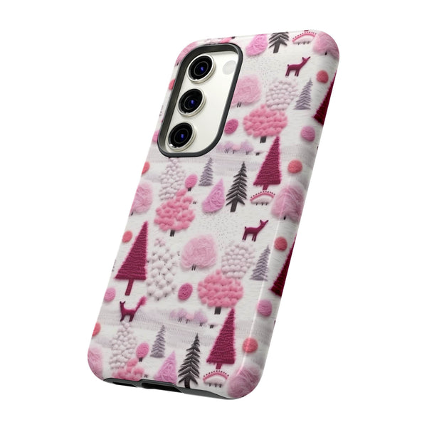 Pink Winter Woodland Aesthetic Embroidery Phone Case for iPhone, Samsung, Pixel