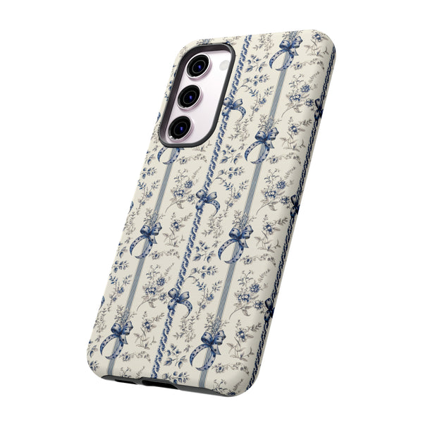 Blue Bow Phone Case - Vintage Floral Preppy Protective Phone Cover for iPhone, Samsung, Pixel