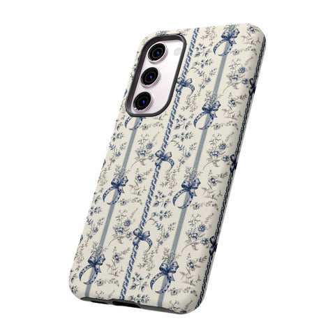 Blue Bow Phone Case - Vintage Floral Preppy Protective Phone Cover for iPhone, Samsung, Pixel