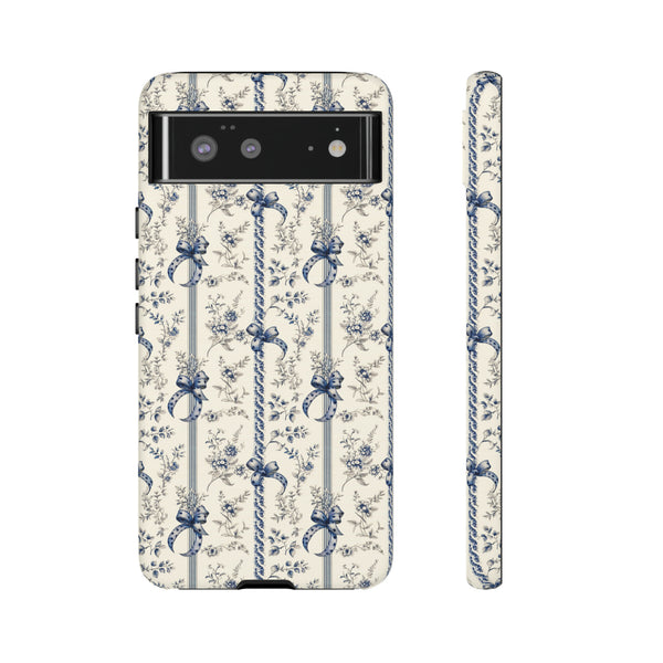 Blue Bow Phone Case - Vintage Floral Preppy Protective Phone Cover for iPhone, Samsung, Pixel