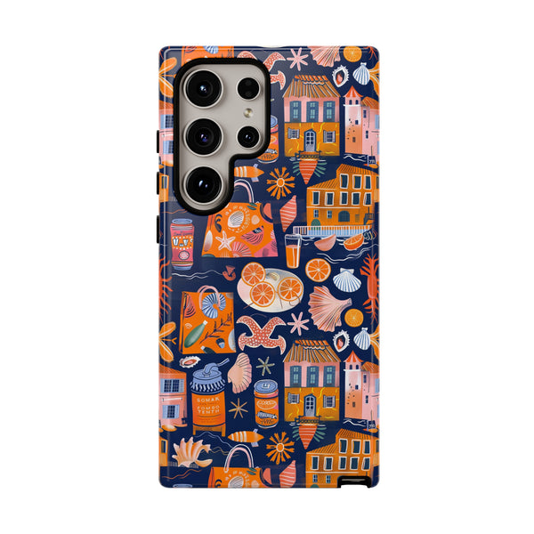 Citrus Coast Collage Phone Case - Blue Orange Trendy Coastal Art Protective Phone Cover for iPhone, Samsung, Pixel