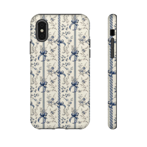 Blue Bow Phone Case - Vintage Floral Preppy Protective Phone Cover for iPhone, Samsung, Pixel