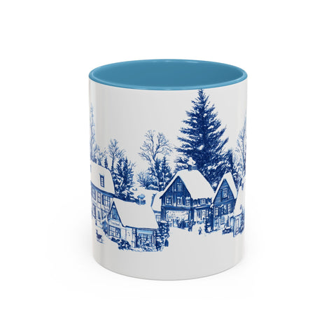 Blue Snowy Winter Village Mug - Holiday Christmas Art Cup for Coffee, Tea, Hot Cocoa
