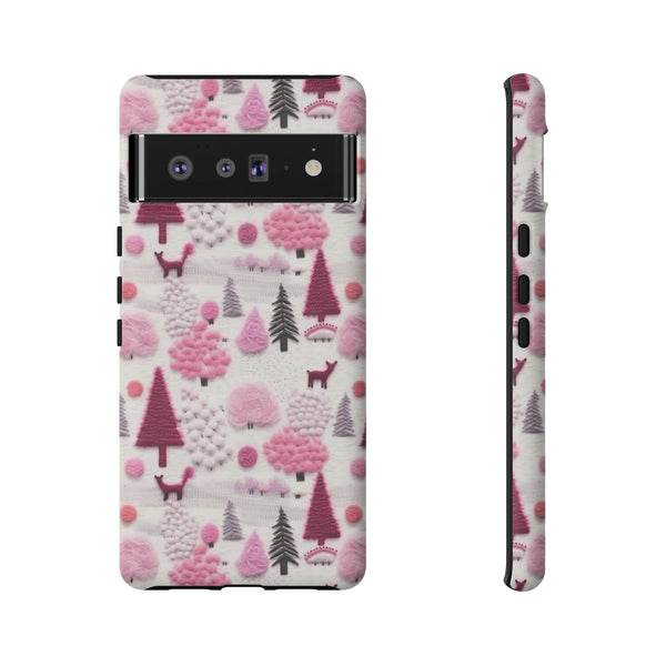 Pink Winter Woodland Aesthetic Embroidery Phone Case for iPhone, Samsung, Pixel