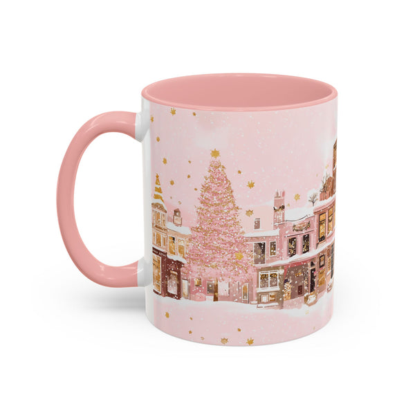 Pink Christmas Town Mug - Festive Holiday Village Art Cup for Coffee, Tea, Hot Chocolate