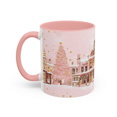 Pink Christmas Town Mug - Festive Holiday Village Art Cup for Coffee, Tea, Hot Chocolate