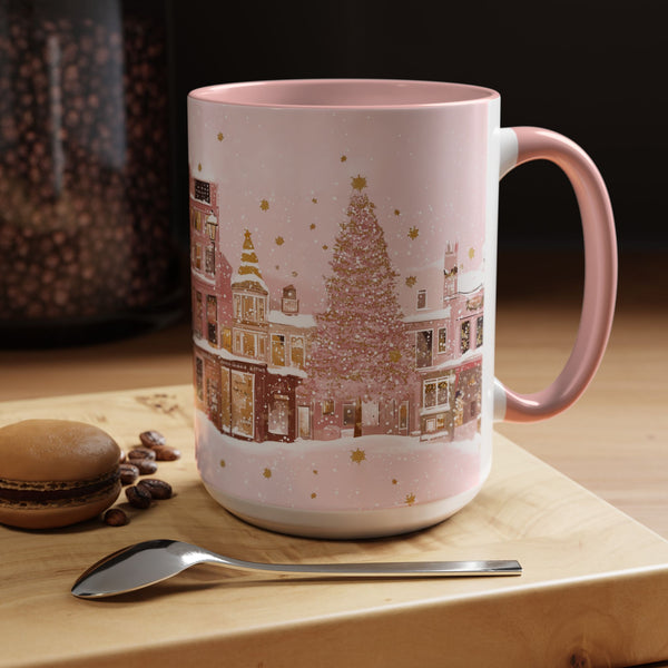 Pink Christmas Town Mug - Festive Holiday Village Art Cup for Coffee, Tea, Hot Chocolate