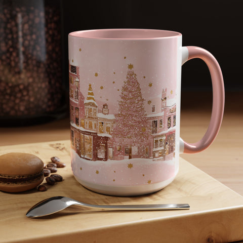 Pink Christmas Town Mug - Festive Holiday Village Art Cup for Coffee, Tea, Hot Chocolate