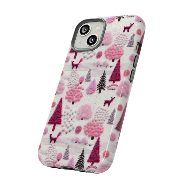 Pink Winter Woodland Aesthetic Embroidery Phone Case for iPhone, Samsung, Pixel
