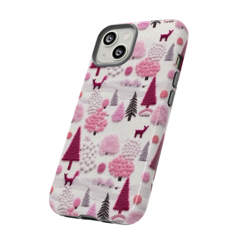 Pink Winter Woodland Aesthetic Embroidery Phone Case for iPhone, Samsung, Pixel