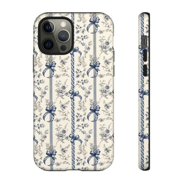 Blue Bow Phone Case - Vintage Floral Preppy Protective Phone Cover for iPhone, Samsung, Pixel
