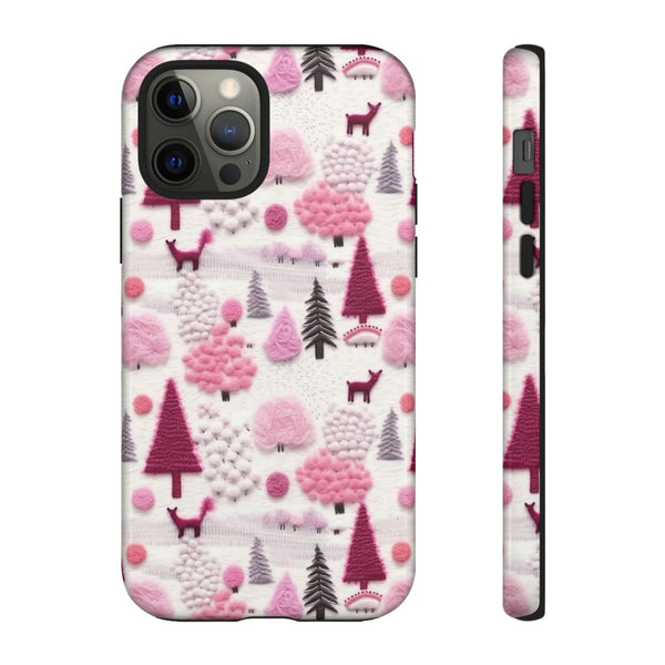 Pink Winter Woodland Aesthetic Embroidery Phone Case for iPhone, Samsung, Pixel