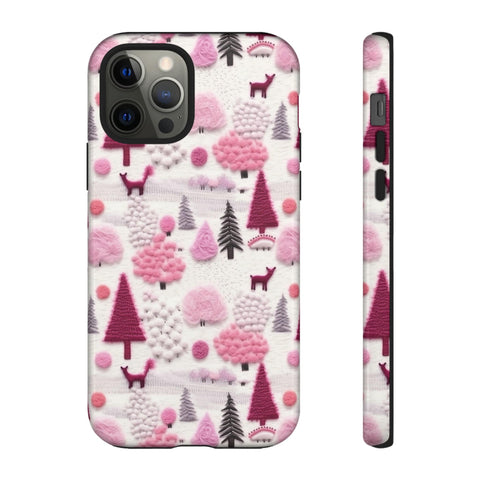 Pink Winter Woodland Aesthetic Embroidery Phone Case for iPhone, Samsung, Pixel
