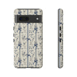 Blue Bow Phone Case - Vintage Floral Preppy Protective Phone Cover for iPhone, Samsung, Pixel