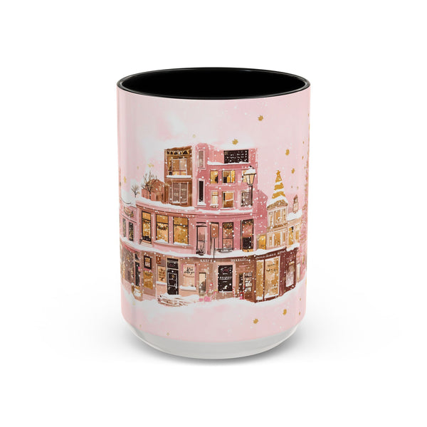 Pink Christmas Town Mug - Festive Holiday Village Art Cup for Coffee, Tea, Hot Chocolate