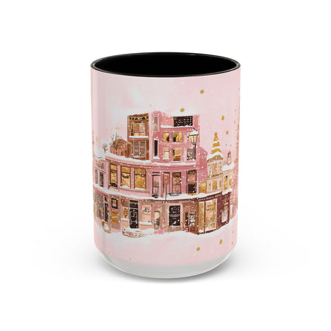 Pink Christmas Town Mug - Festive Holiday Village Art Cup for Coffee, Tea, Hot Chocolate