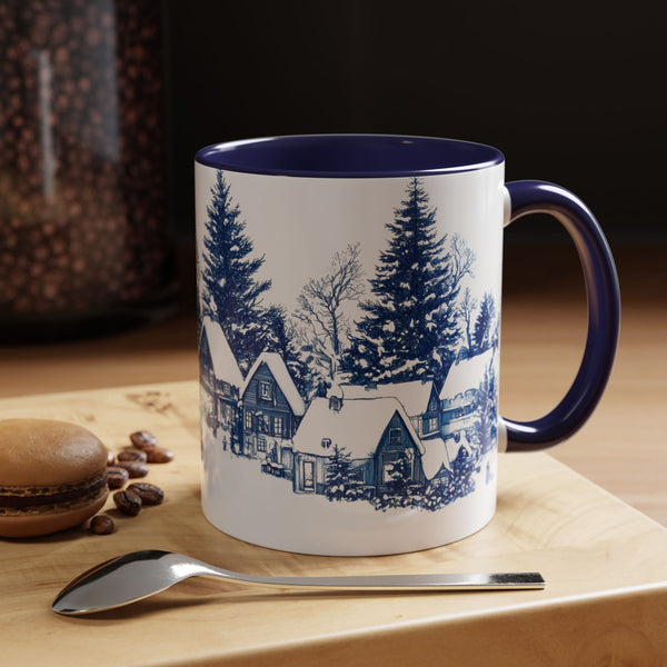 Blue Snowy Winter Village Mug - Holiday Christmas Art Cup for Coffee, Tea, Hot Cocoa