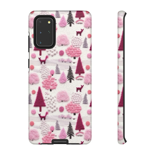 Pink Winter Woodland Aesthetic Embroidery Phone Case for iPhone, Samsung, Pixel