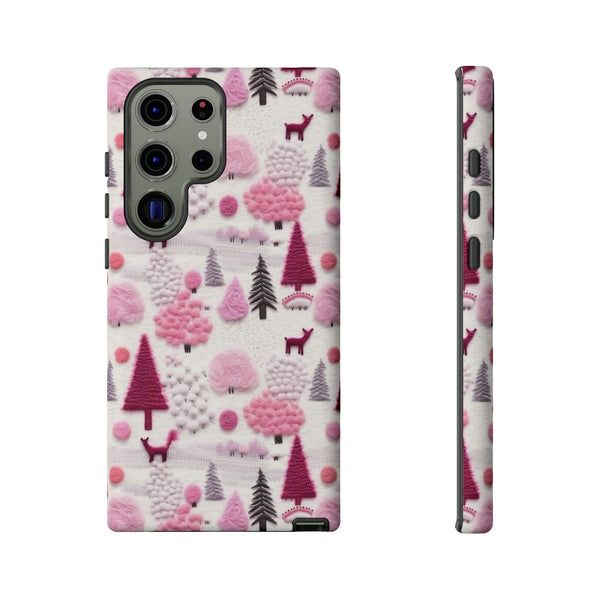 Pink Winter Woodland Aesthetic Embroidery Phone Case for iPhone, Samsung, Pixel
