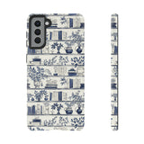 Bookshelf Phone Case - Blue and White Floral Books Protective Cover for iPhone, Samsung, Pixel