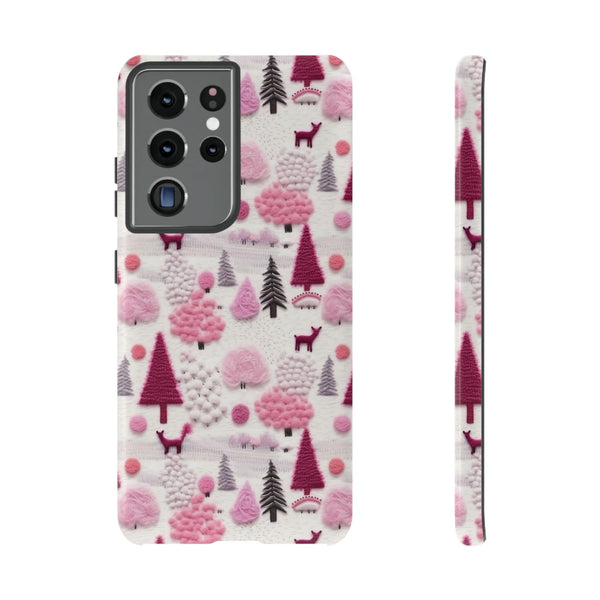 Pink Winter Woodland Aesthetic Embroidery Phone Case for iPhone, Samsung, Pixel