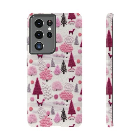 Pink Winter Woodland Aesthetic Embroidery Phone Case for iPhone, Samsung, Pixel