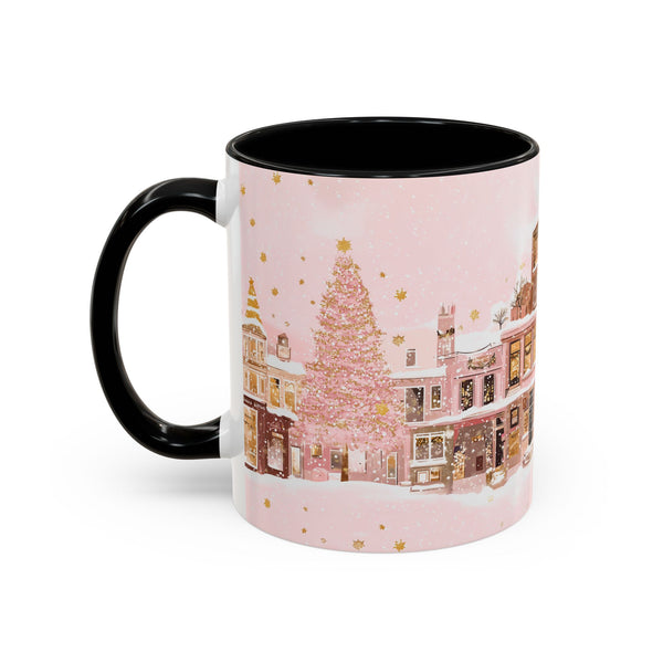 Pink Christmas Town Mug - Festive Holiday Village Art Cup for Coffee, Tea, Hot Chocolate