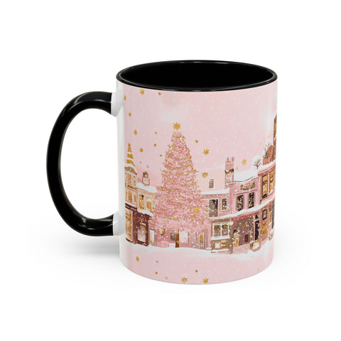 Pink Christmas Town Mug - Festive Holiday Village Art Cup for Coffee, Tea, Hot Chocolate