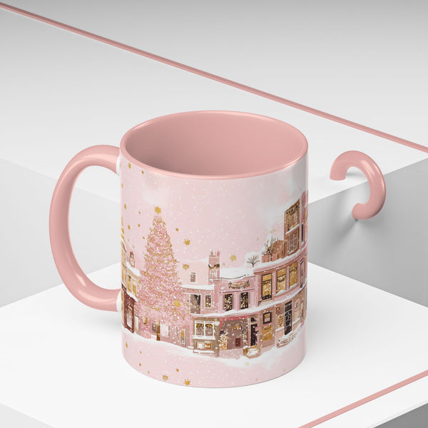 Pink Christmas Town Mug - Festive Holiday Village Art Cup for Coffee, Tea, Hot Chocolate