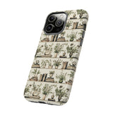 Bookshelf Phone Case - Neutral Beige Books and Plants Protective Cover for iPhone, Samsung, Pixel