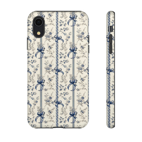 Blue Bow Phone Case - Vintage Floral Preppy Protective Phone Cover for iPhone, Samsung, Pixel