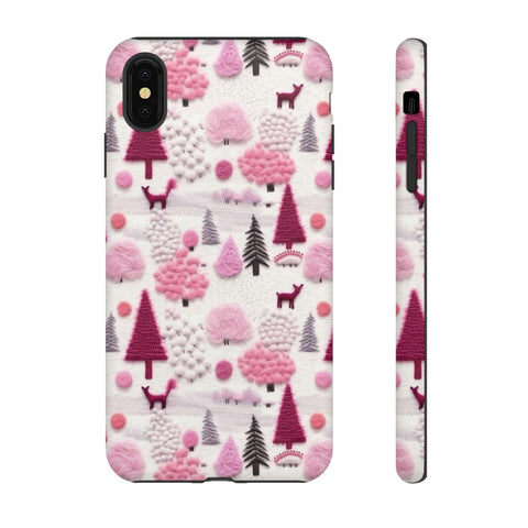 Pink Winter Woodland Aesthetic Embroidery Phone Case for iPhone, Samsung, Pixel