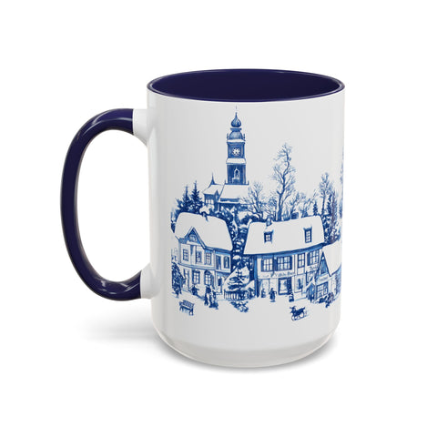 Blue Snowy Winter Village Mug - Holiday Christmas Art Cup for Coffee, Tea, Hot Cocoa