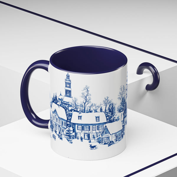 Blue Snowy Winter Village Mug - Holiday Christmas Art Cup for Coffee, Tea, Hot Cocoa