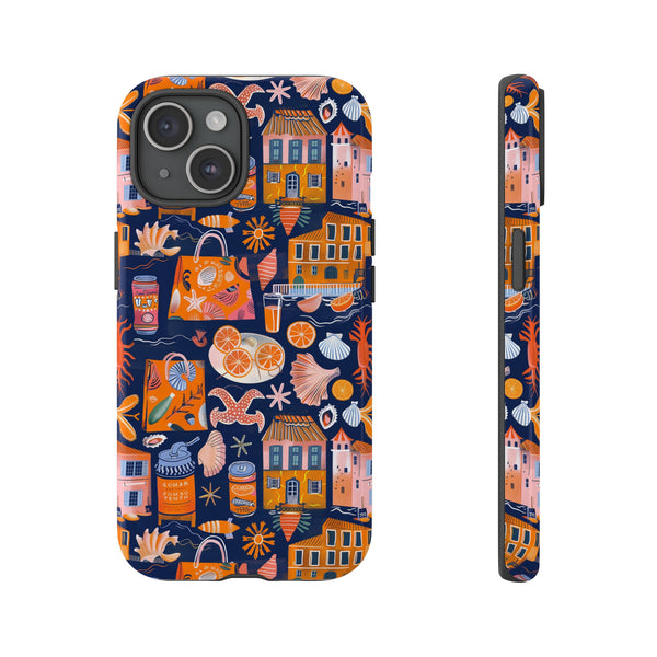 Citrus Coast Collage Phone Case - Blue Orange Trendy Coastal Art Protective Phone Cover for iPhone, Samsung, Pixel