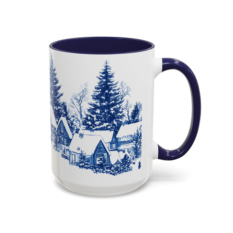 Blue Snowy Winter Village Mug - Holiday Christmas Art Cup for Coffee, Tea, Hot Cocoa